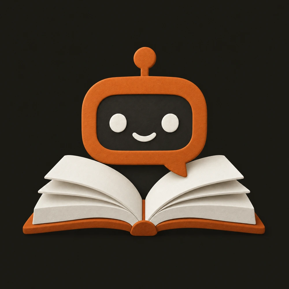 A friendly speech-bubble bot above an open book, a symbol of learning by asking.
